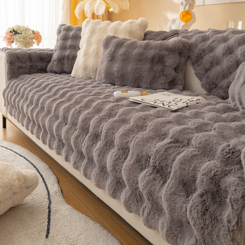 Housse de canapé antidérapante en peluche de couleur unie