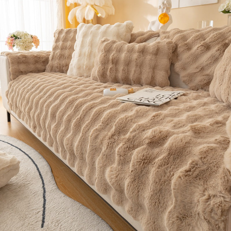 Housse de canapé antidérapante en peluche de couleur unie