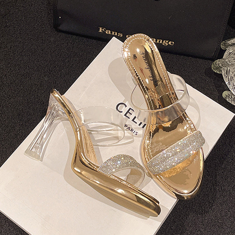 Chaussons talons hauts transparents strass