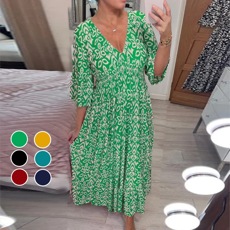 Robe imprimée à manches évasées et col en V