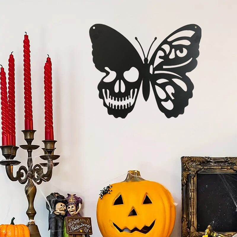 Décoration murale papillon tête de mort en métal