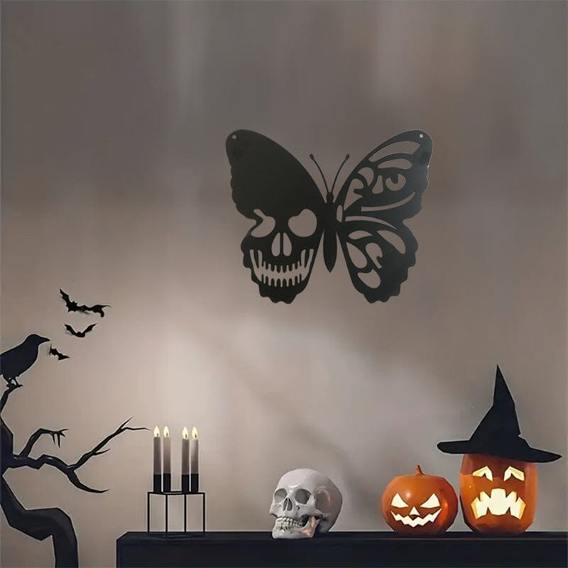 Décoration murale papillon tête de mort en métal