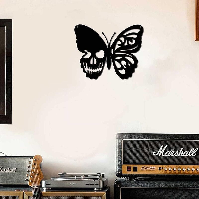 Décoration murale papillon tête de mort en métal