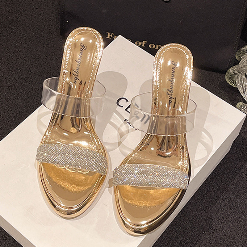 Chaussons talons hauts transparents strass