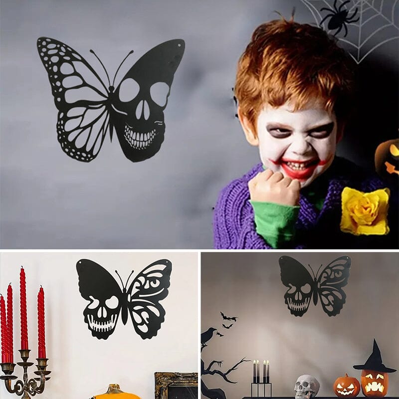 Décoration murale papillon tête de mort en métal