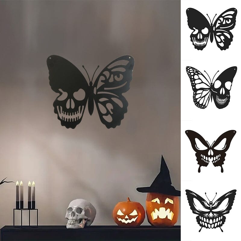 Décoration murale papillon tête de mort en métal
